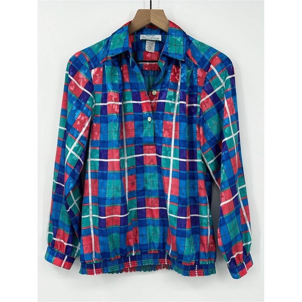 Vintage 80s Da-Rue Plaid Blouse Sz 6 Pink Blue Grandmacore Eccentric Art Retro